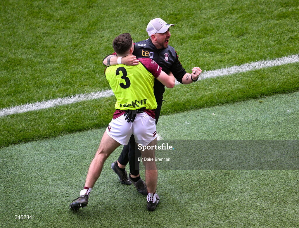 17 May 2026; Westmeath manager Mark McHugh celebrates with Matthew Whittaker near the end of the Leinster GAA Football Senior Championship final match between Dublin and Westmeath at Croke Park in Dublin. Photo by Daire Brennan/Sportsfile