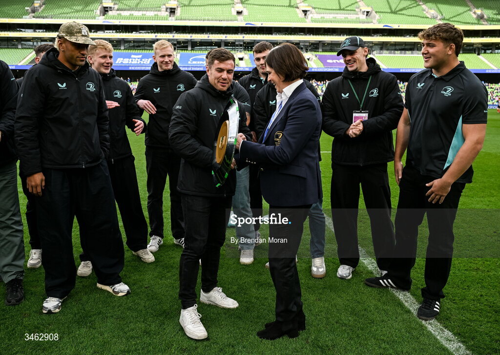 16 May 2026; Leinster Rugby president Moira Flahive presents the URC Irish shield to Luke McGrath of Leinster and his teammates during the United Rugby Championship match between Leinster and Ospreys at the Aviva Stadium in Dublin. Photo by Brendan Moran/Sportsfile
