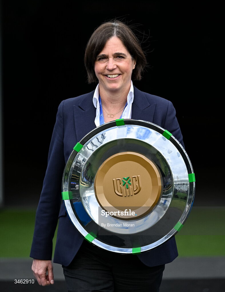 16 May 2026; Leinster Rugby president Moira Flahive with the URC Irish shield during the United Rugby Championship match between Leinster and Ospreys at the Aviva Stadium in Dublin. Photo by Brendan Moran/Sportsfile