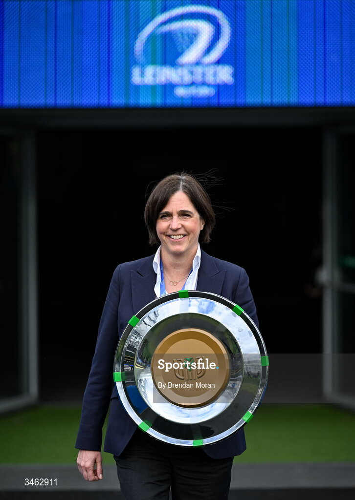 16 May 2026; Leinster Rugby president Moira Flahive with the URC Irish shield during the United Rugby Championship match between Leinster and Ospreys at the Aviva Stadium in Dublin. Photo by Brendan Moran/Sportsfile
