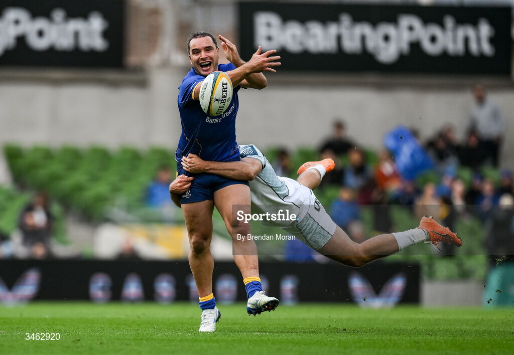 16 May 2026; James Lowe of Leinster is tackled by Evardi Boshoff of Ospreys during the United Rugby Championship match between Leinster and Ospreys at the Aviva Stadium in Dublin. Photo by Brendan Moran/Sportsfile