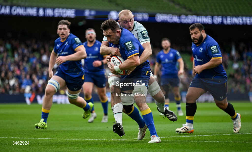16 May 2026; Jack Conan of Leinster is tackled by Huw Sutton of Ospreys during the United Rugby Championship match between Leinster and Ospreys at the Aviva Stadium in Dublin. Photo by Brendan Moran/Sportsfile