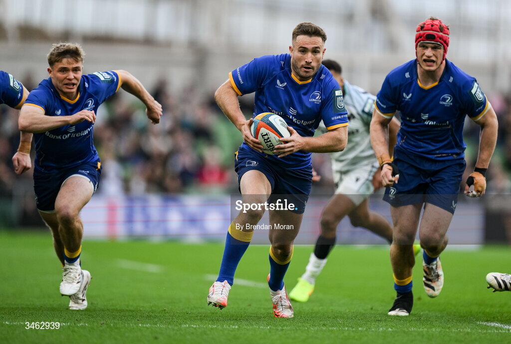 16 May 2026; Jordan Larmour of Leinster during the United Rugby Championship match between Leinster and Ospreys at the Aviva Stadium in Dublin. Photo by Brendan Moran/Sportsfile