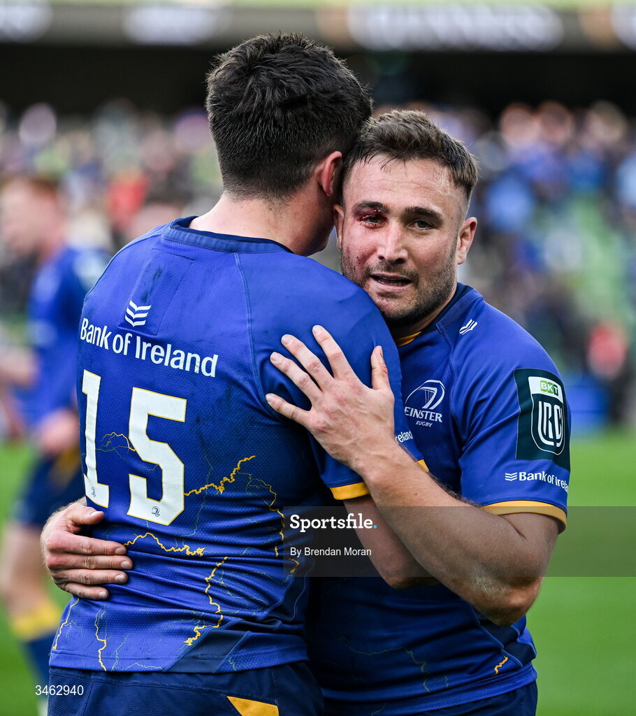 16 May 2026; Jordan Larmour of Leinster, right, and Jimmy O'Brien after the United Rugby Championship match between Leinster and Ospreys at the Aviva Stadium in Dublin. Photo by Brendan Moran/Sportsfile