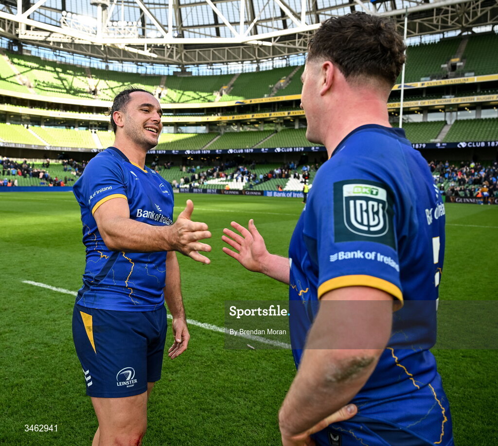 16 May 2026; James Lowe of Leinster, left, and teammate Gus McCarthy after the United Rugby Championship match between Leinster and Ospreys at the Aviva Stadium in Dublin. Photo by Brendan Moran/Sportsfile