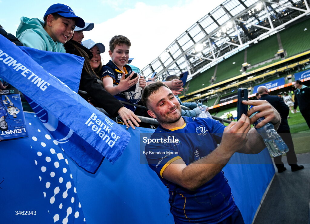 16 May 2026; Jordan Larmour of Leinster takes a selfie with supporters after the United Rugby Championship match between Leinster and Ospreys at the Aviva Stadium in Dublin. Photo by Brendan Moran/Sportsfile