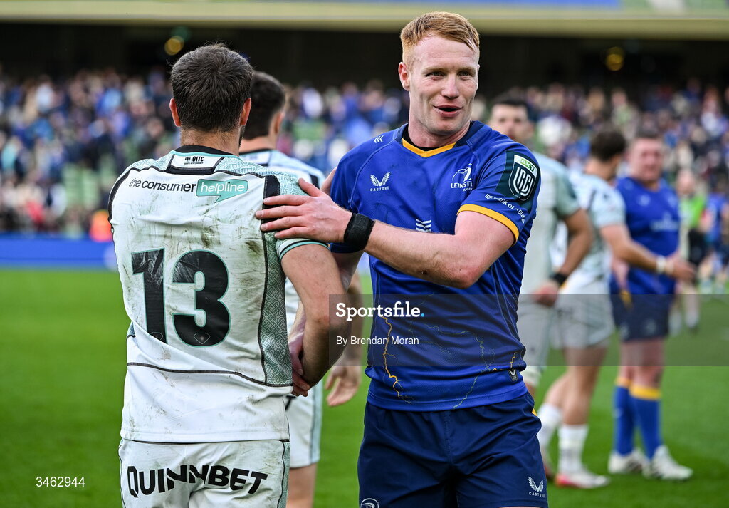 16 May 2026; Ciarán Frawley of Leinster and Evardi Boshoff of Ospreys after the United Rugby Championship match between Leinster and Ospreys at the Aviva Stadium in Dublin. Photo by Brendan Moran/Sportsfile