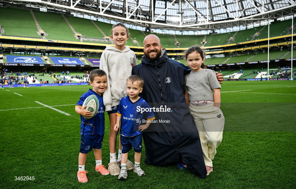 16 May 2026; Jamison Gibson-Park of Leinster with his children Iris, Jai and Isabella and Nico Lowe, son of teammate James Lowe, after the United Rugby Championship match between Leinster and Ospreys at the Aviva Stadium in Dublin. Photo by Brendan Moran/Sportsfile