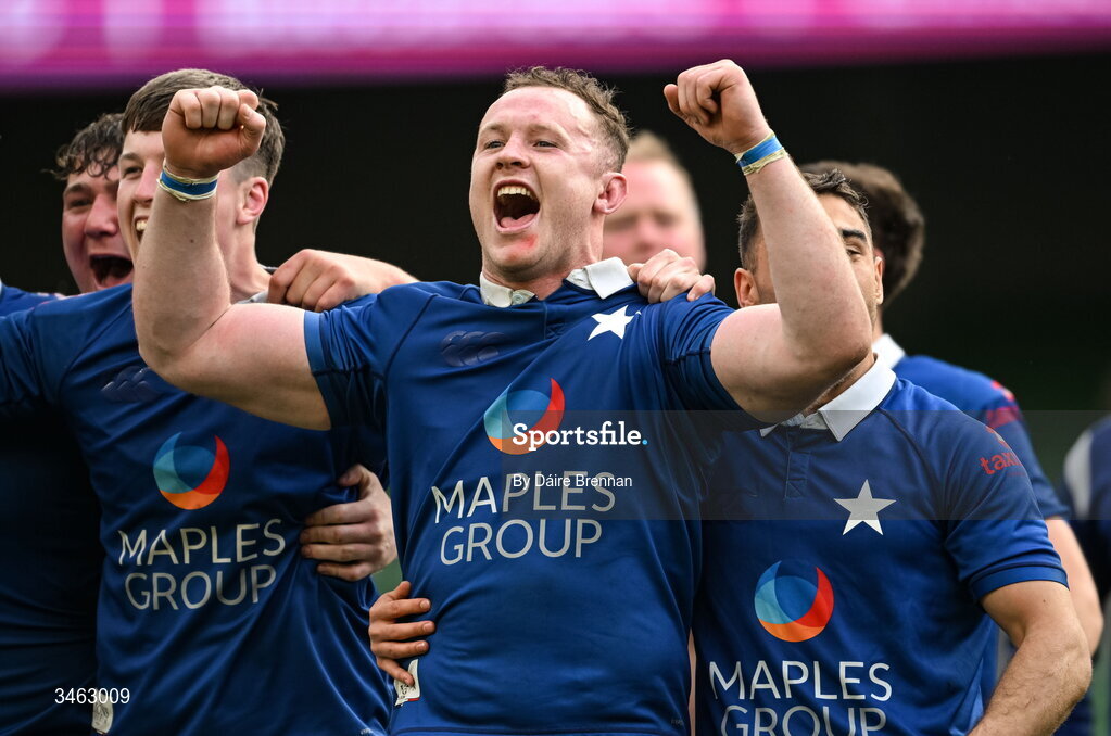 26 April 2026; Ronan Watters of St Mary's College RFC celebrates after the Energia Men's All-Ireland League Division 1A final match between Clontarf FC and St Mary's College RFC at the Aviva Stadium in Dublin. Photo by Daire Brennan/Sportsfile