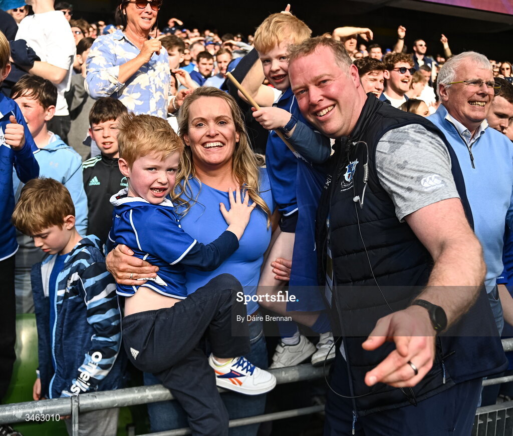 26 April 2026; St Mary's College RFC coach Jamie Cornett, with his wife Eimear, and their sons Luke and Timothy, aged 5, after the Energia Men's All-Ireland League Division 1A final match between Clontarf FC and St Mary's College RFC at the Aviva Stadium in Dublin. Photo by Daire Brennan/Sportsfile