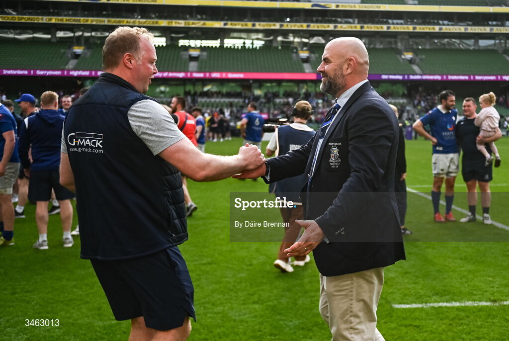 26 April 2026; St Mary's College RFC coach Jamie Cornett and club President Garreth Logan after the Energia Men's All-Ireland League Division 1A final match between Clontarf FC and St Mary's College RFC at the Aviva Stadium in Dublin. Photo by Daire Brennan/Sportsfile