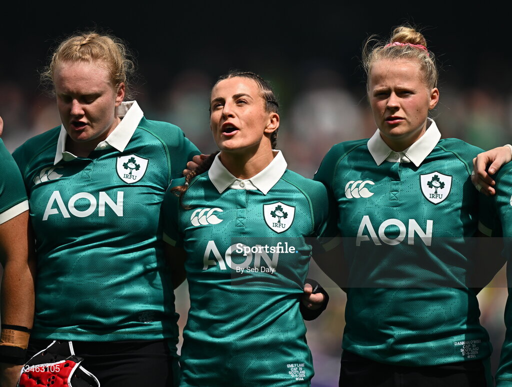 17 May 2026; Ireland players, from left, Aoife Wafer, Emily Lane, and Dannah O'Brien, before the Women's 6 Nations Rugby Championship match between Ireland and Scotland at the Aviva Stadium in Dublin. Photo by Seb Daly/Sportsfile