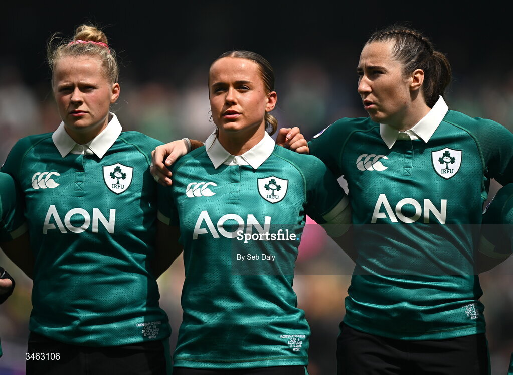 17 May 2026; Ireland players, from left, Dannah O'Brien, Robyn O'Connor, and Eve Higgins, before the Women's 6 Nations Rugby Championship match between Ireland and Scotland at the Aviva Stadium in Dublin. Photo by Seb Daly/Sportsfile