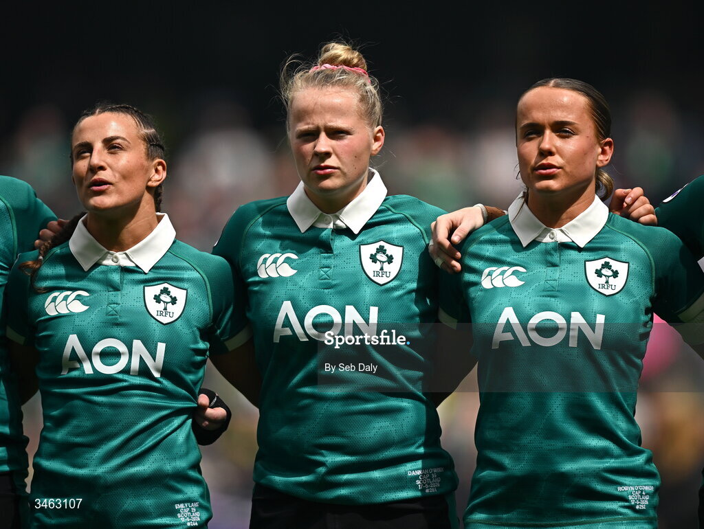 17 May 2026; Ireland players, from left, Emily Lane, Dannah O'Brien, and Robyn O'Connor, before the Women's 6 Nations Rugby Championship match between Ireland and Scotland at the Aviva Stadium in Dublin. Photo by Seb Daly/Sportsfile