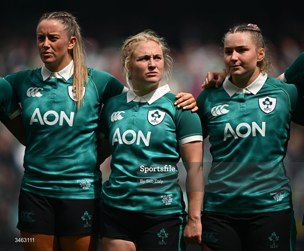 17 May 2026; Ireland players, from left, Stacey Flood, Neve Jones, and Sadhbh McGrath, before the Women's 6 Nations Rugby Championship match between Ireland and Scotland at the Aviva Stadium in Dublin. Photo by Seb Daly/Sportsfile