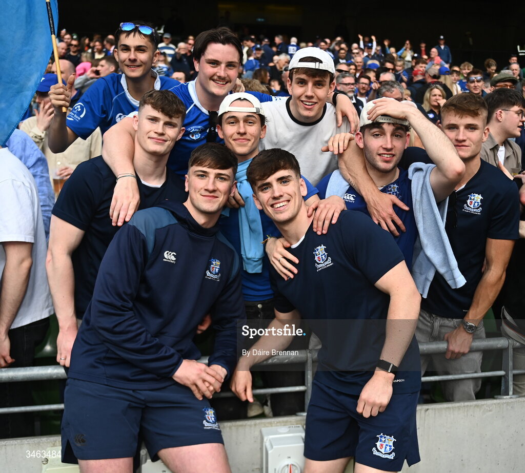26 April 2026; St Mary's College RFC players David Leane, left, and Zack Hopkins, with supporters, left to right, Robert McCarthy, Liam Flaherty, James Molloy, Thomas Patterson, Sean Murray, and Ethan Kenny, after the Energia Men's All-Ireland League Division 1A final match between Clontarf FC and St Mary's College RFC at the Aviva Stadium in Dublin. Photo by Daire Brennan/Sportsfile