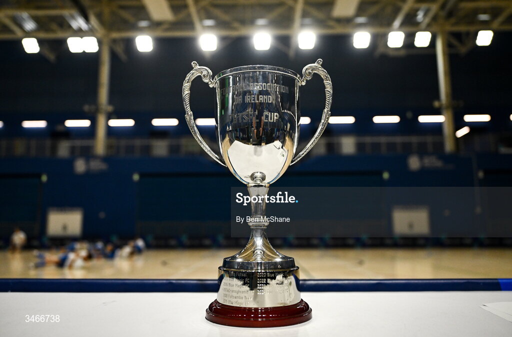 24 May 2026; A view of the cup before the FAI Futsal Cup final match between Leinster Futsal and Blue Magic at the National Indoor Arena in Abbotstown, Dublin. Photo by Ben McShane/Sportsfile