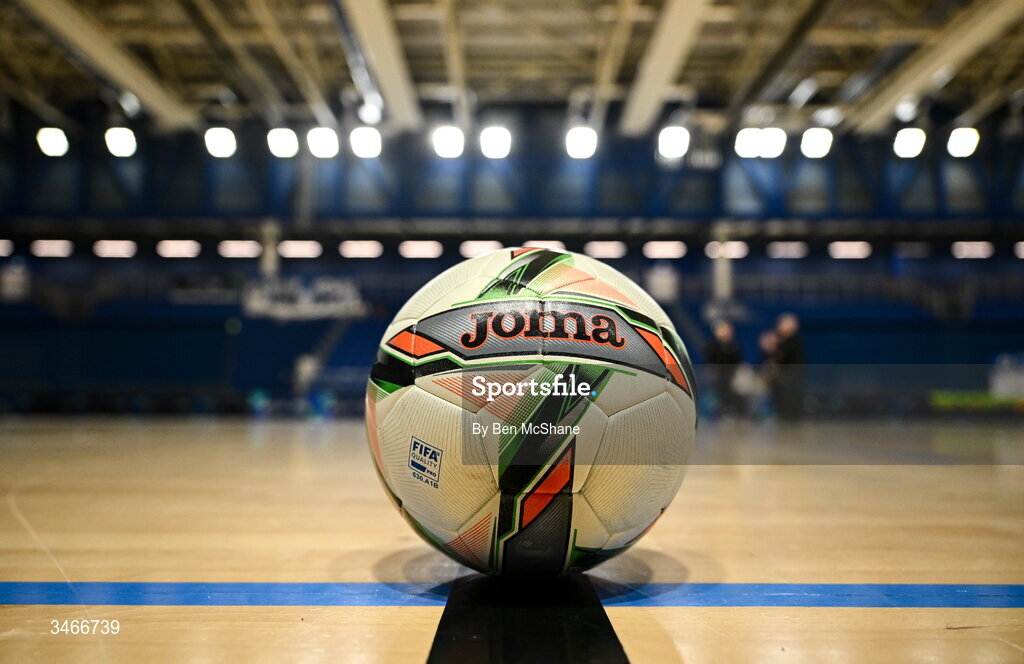 24 May 2026; A general view of a match ball on the court before the FAI Futsal Cup final match between Leinster Futsal and Blue Magic at the National Indoor Arena in Abbotstown, Dublin. Photo by Ben McShane/Sportsfile