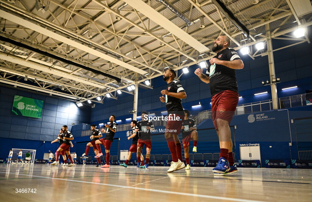 24 May 2026; Leinster Futsal players warm-up before the FAI Futsal Cup final match between Leinster Futsal and Blue Magic at the National Indoor Arena in Abbotstown, Dublin. Photo by Ben McShane/Sportsfile