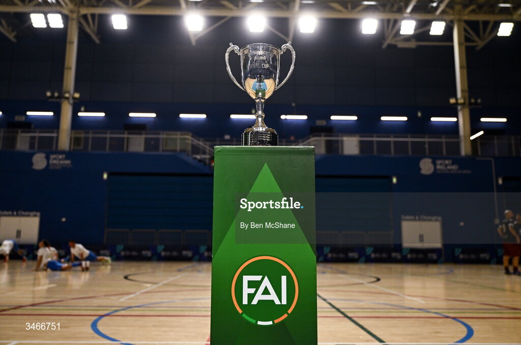 24 May 2026; A view of the cup before the FAI Futsal Cup final match between Leinster Futsal and Blue Magic at the National Indoor Arena in Abbotstown, Dublin. Photo by Ben McShane/Sportsfile