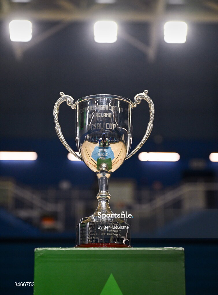 24 May 2026; A view of the cup before the FAI Futsal Cup final match between Leinster Futsal and Blue Magic at the National Indoor Arena in Abbotstown, Dublin. Photo by Ben McShane/Sportsfile