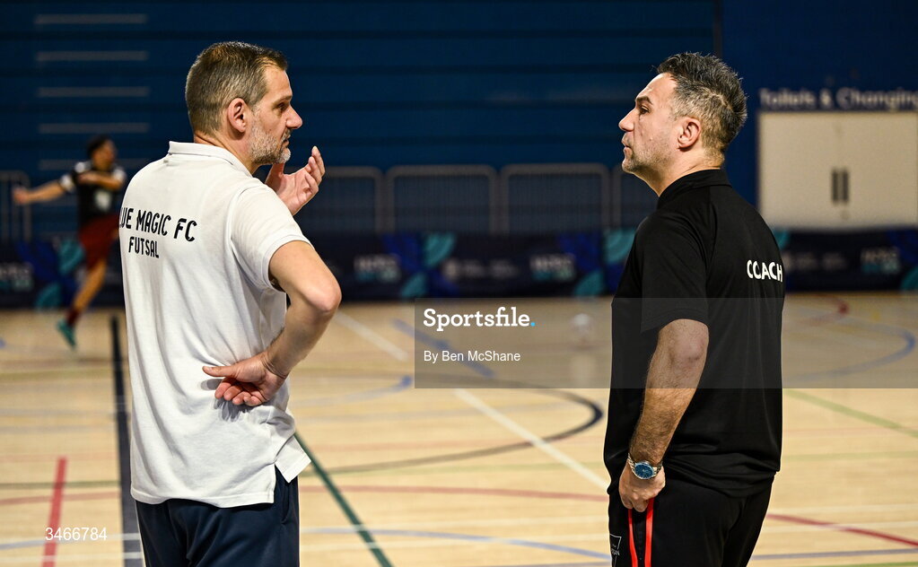 24 May 2026; Blue Magic head coach Sinisa Sicar, left, in conversation with Leinster Futsal head coach Emir Mustic before the FAI Futsal Cup final match between Leinster Futsal and Blue Magic at the National Indoor Arena in Abbotstown, Dublin. Photo by Ben McShane/Sportsfile