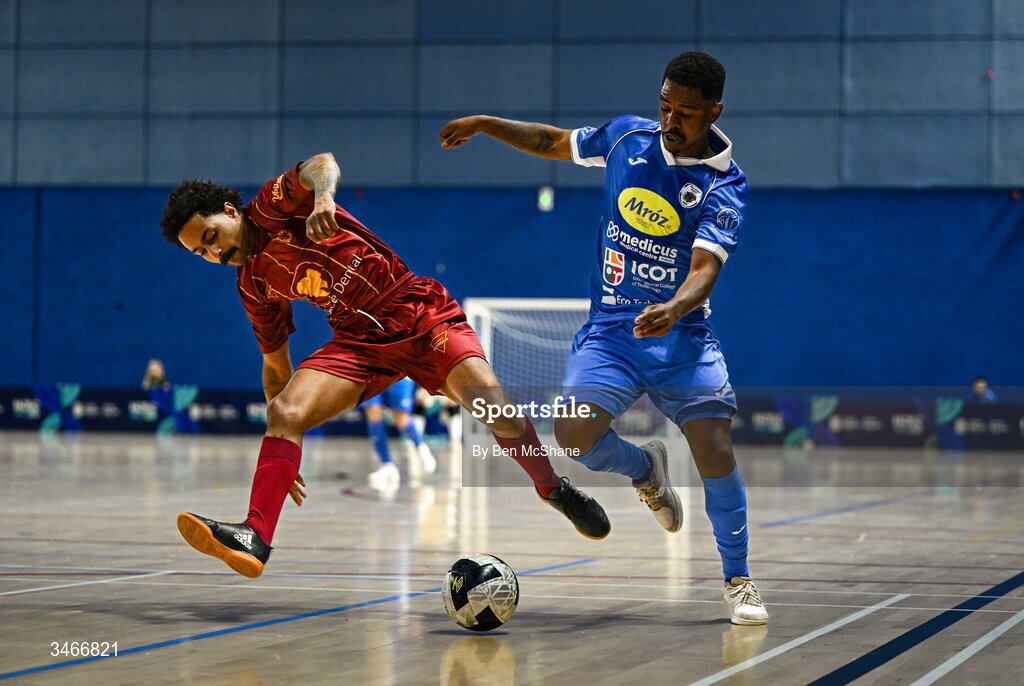 24 May 2026; Renan Henrique Cardeal of Blue Magic in action against Wemerson Moutinho Dos Santos of Leinster Futsal during the FAI Futsal Cup final match between Leinster Futsal and Blue Magic at the National Indoor Arena in Abbotstown, Dublin. Photo by Ben McShane/Sportsfile