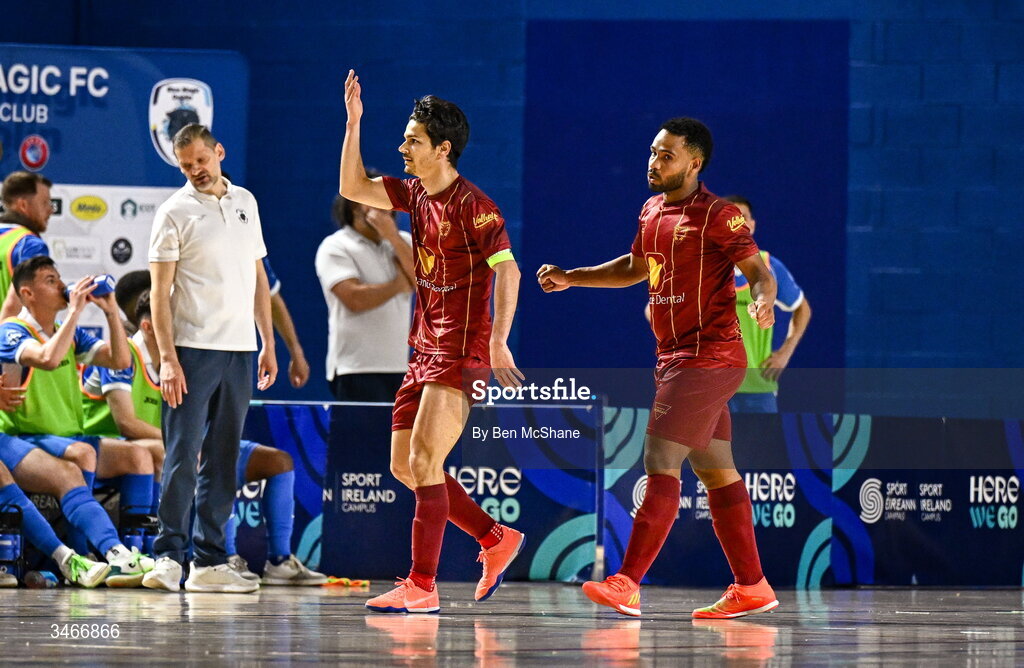 24 May 2026; Oriel Thome of Leinster Futsal celebrates after scoring his side's first goal during the FAI Futsal Cup final match between Leinster Futsal and Blue Magic at the National Indoor Arena in Abbotstown, Dublin.1 Photo by Ben McShane/Sportsfile