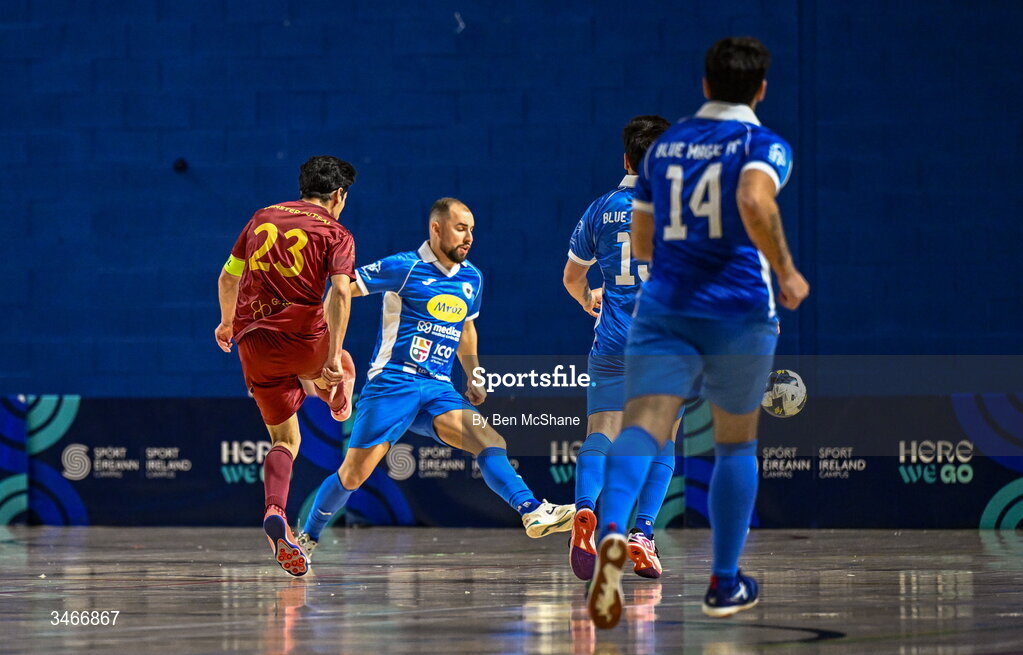 24 May 2026; Oriel Thome of Leinster Futsal scores his side's first goal during the FAI Futsal Cup final match between Leinster Futsal and Blue Magic at the National Indoor Arena in Abbotstown, Dublin. Photo by Ben McShane/Sportsfile