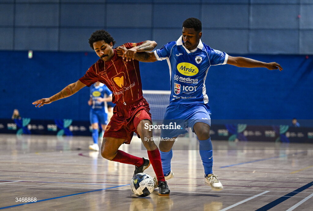24 May 2026; Renan Henrique Cardeal of Blue Magic in action against Wemerson Moutinho Dos Santos of Leinster Futsal during the FAI Futsal Cup final match between Leinster Futsal and Blue Magic at the National Indoor Arena in Abbotstown, Dublin. Photo by Ben McShane/Sportsfile