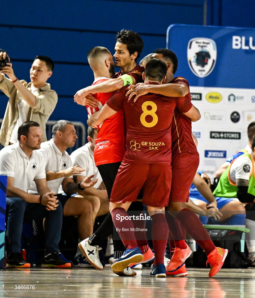 24 May 2026; Oriel Thome of Leinster Futsal celebrates with teammates after scoring his side's first goal during the FAI Futsal Cup final match between Leinster Futsal and Blue Magic at the National Indoor Arena in Abbotstown, Dublin.1 Photo by Ben McShane/Sportsfile