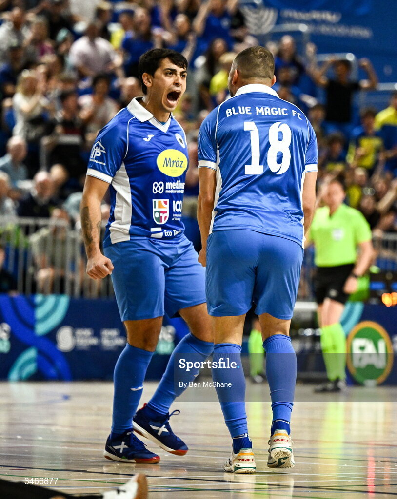 24 May 2026; Gustavo Pereira da Silva, 18, celebrates with Blue Magic teammate Leonardes Mattheus after scoring their side's first goal during the FAI Futsal Cup final match between Leinster Futsal and Blue Magic at the National Indoor Arena in Abbotstown, Dublin. Photo by Ben McShane/Sportsfile