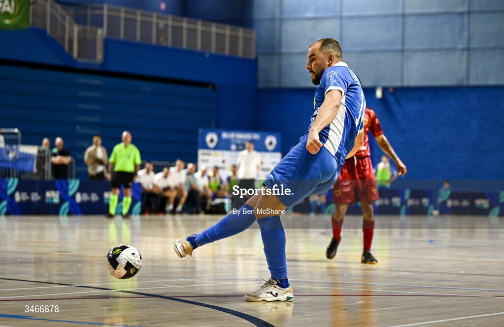 24 May 2026; Gustavo Pereira da Silva of Blue Magic scores his side's first goal during the FAI Futsal Cup final match between Leinster Futsal and Blue Magic at the National Indoor Arena in Abbotstown, Dublin. Photo by Ben McShane/Sportsfile