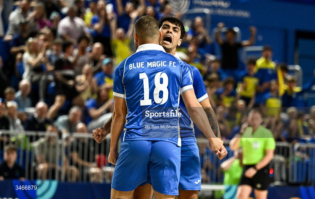 24 May 2026; Gustavo Pereira da Silva, 18, celebrates with Blue Magic teammate Leonardes Mattheus after scoring their side's first goal during the FAI Futsal Cup final match between Leinster Futsal and Blue Magic at the National Indoor Arena in Abbotstown, Dublin. Photo by Ben McShane/Sportsfile