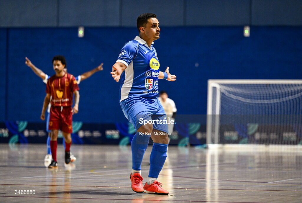 24 May 2026; Gabriel Yan Micoski Lucaz of Blue Magic celebrates after scoring his side's second goal during the FAI Futsal Cup final match between Leinster Futsal and Blue Magic at the National Indoor Arena in Abbotstown, Dublin. Photo by Ben McShane/Sportsfile