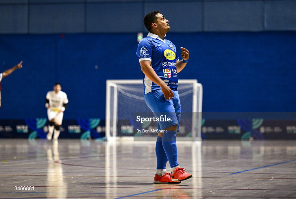 24 May 2026; Gabriel Yan Micoski Lucaz of Blue Magic celebrates after scoring his side's second goal during the FAI Futsal Cup final match between Leinster Futsal and Blue Magic at the National Indoor Arena in Abbotstown, Dublin. Photo by Ben McShane/Sportsfile