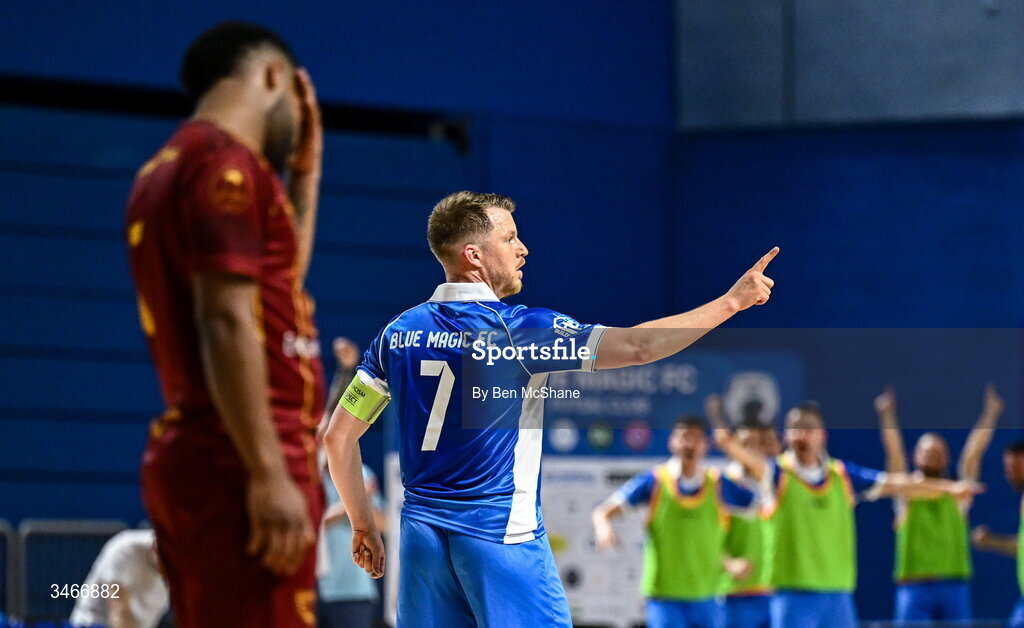 24 May 2026; Ian Byrne of Blue Magic celebrates after scoring his side's third goal during the FAI Futsal Cup final match between Leinster Futsal and Blue Magic at the National Indoor Arena in Abbotstown, Dublin. Photo by Ben McShane/Sportsfile