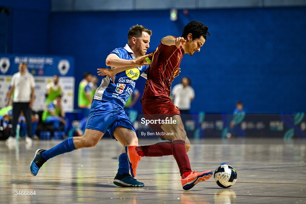 24 May 2026; Oriel Thome of Leinster Futsal in action against Ian Byrne of Blue Magic during the FAI Futsal Cup final match between Leinster Futsal and Blue Magic at the National Indoor Arena in Abbotstown, Dublin. Photo by Ben McShane/Sportsfile