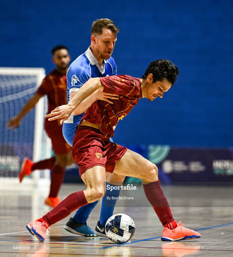 24 May 2026; Oriel Thome of Leinster Futsal in action against Ian Byrne of Blue Magic during the FAI Futsal Cup final match between Leinster Futsal and Blue Magic at the National Indoor Arena in Abbotstown, Dublin. Photo by Ben McShane/Sportsfile