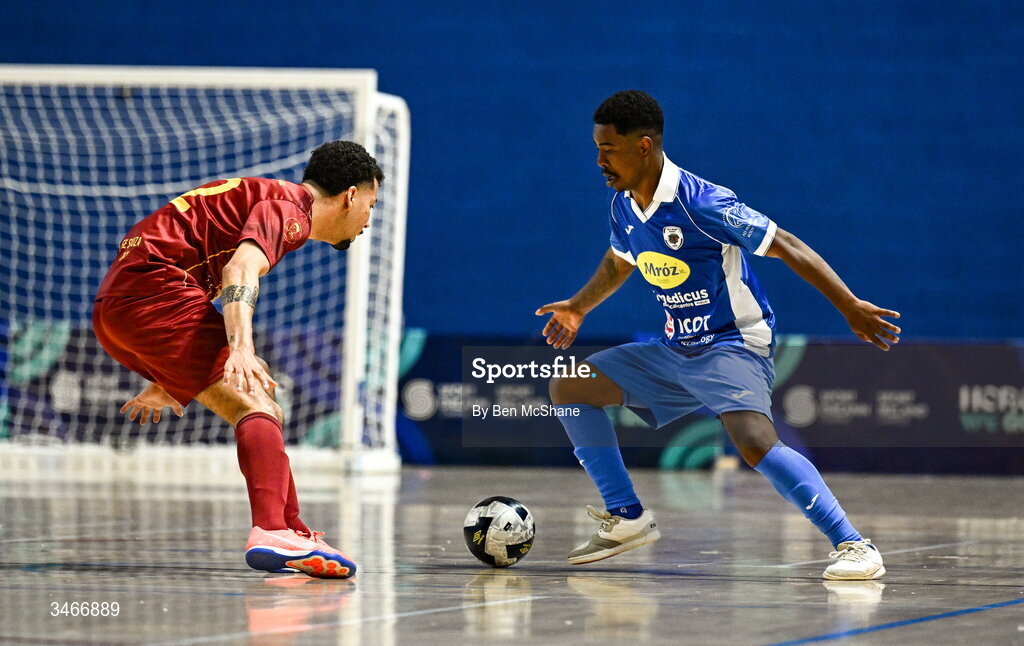 24 May 2026; Renan Henrique Cardeal of Blue Magic in action against Thiago Goncalves da Costa of Leinster Futsal during the FAI Futsal Cup final match between Leinster Futsal and Blue Magic at the National Indoor Arena in Abbotstown, Dublin. Photo by Ben McShane/Sportsfile