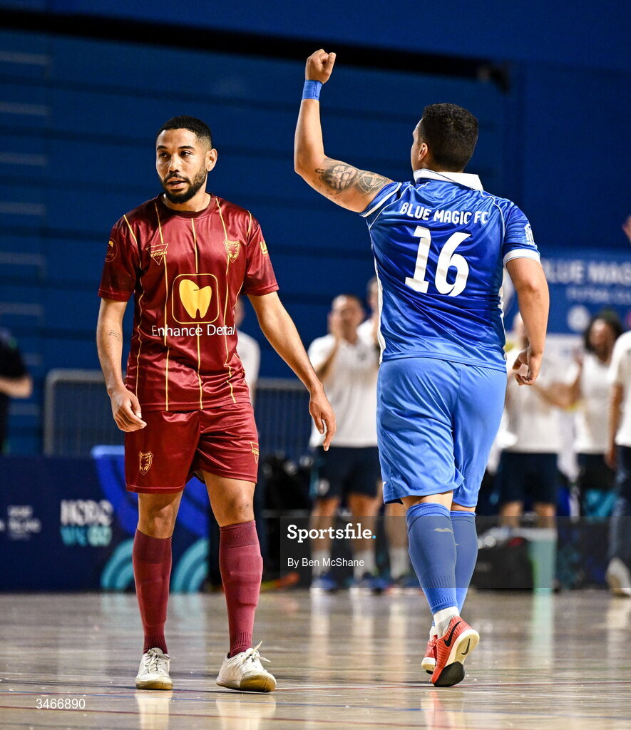 24 May 2026; Gabriel Yan Micoski Lucaz of Blue Magic celebrates after scoring his side's second goal during the FAI Futsal Cup final match between Leinster Futsal and Blue Magic at the National Indoor Arena in Abbotstown, Dublin. Photo by Ben McShane/Sportsfile