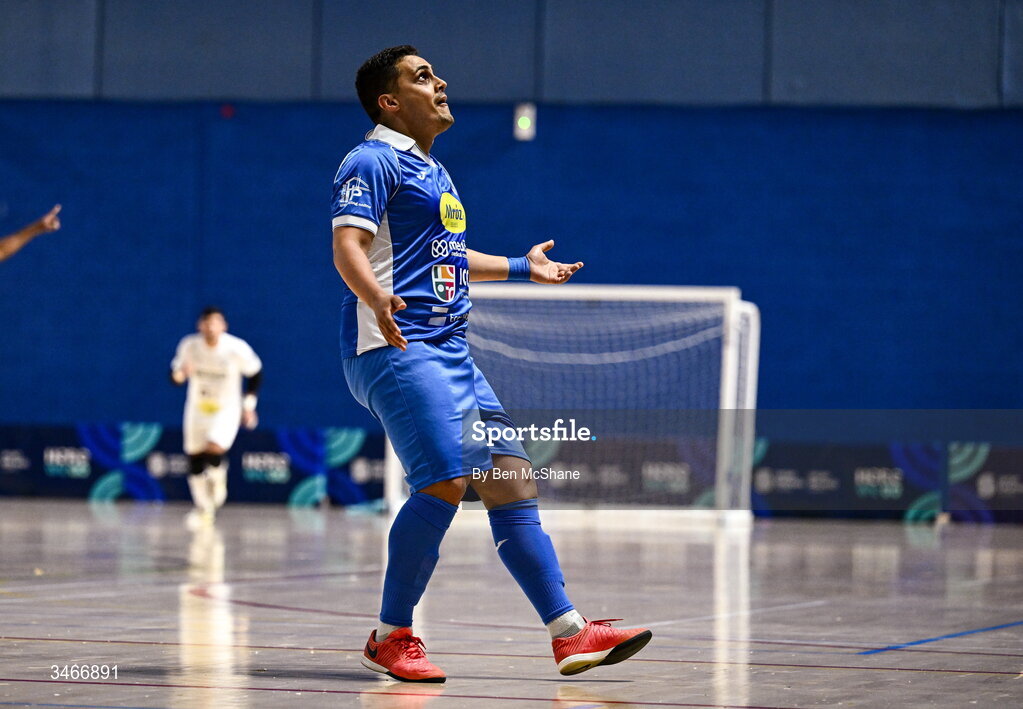 24 May 2026; Gabriel Yan Micoski Lucaz of Blue Magic celebrates after scoring his side's second goal during the FAI Futsal Cup final match between Leinster Futsal and Blue Magic at the National Indoor Arena in Abbotstown, Dublin. Photo by Ben McShane/Sportsfile
