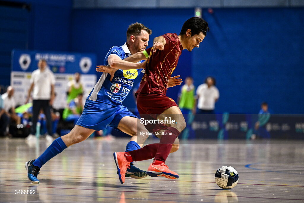 24 May 2026; Oriel Thome of Leinster Futsal in action against Ian Byrne of Blue Magic during the FAI Futsal Cup final match between Leinster Futsal and Blue Magic at the National Indoor Arena in Abbotstown, Dublin. Photo by Ben McShane/Sportsfile