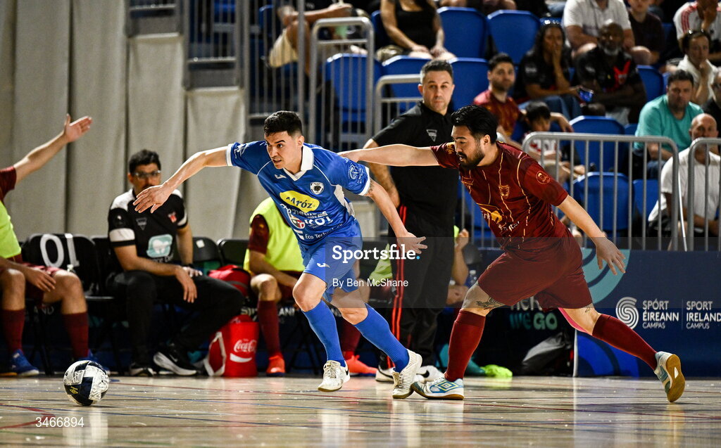 24 May 2026; Matheus Minatti of Blue Magic in action against Felipe Ryudi Maie of Leinster Futsal during the FAI Futsal Cup final match between Leinster Futsal and Blue Magic at the National Indoor Arena in Abbotstown, Dublin. Photo by Ben McShane/Sportsfile