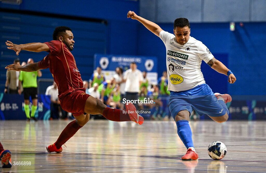 24 May 2026; Gabriel Yan Micoski Lucaz of Blue Magic, playing as a sweeper-keeper, has a shot on goal despite the attention of Patrick Eduardo de Souza Gomes of Leinster Futsal during the FAI Futsal Cup final match between Leinster Futsal and Blue Magic at the National Indoor Arena in Abbotstown, Dublin. Photo by Ben McShane/Sportsfile