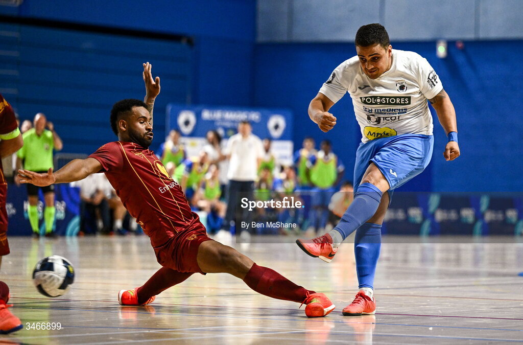 24 May 2026; Gabriel Yan Micoski Lucaz of Blue Magic, playing as a sweeper-keeper, has a shot on goal despite the attention of Patrick Eduardo de Souza Gomes of Leinster Futsal during the FAI Futsal Cup final match between Leinster Futsal and Blue Magic at the National Indoor Arena in Abbotstown, Dublin. Photo by Ben McShane/Sportsfile