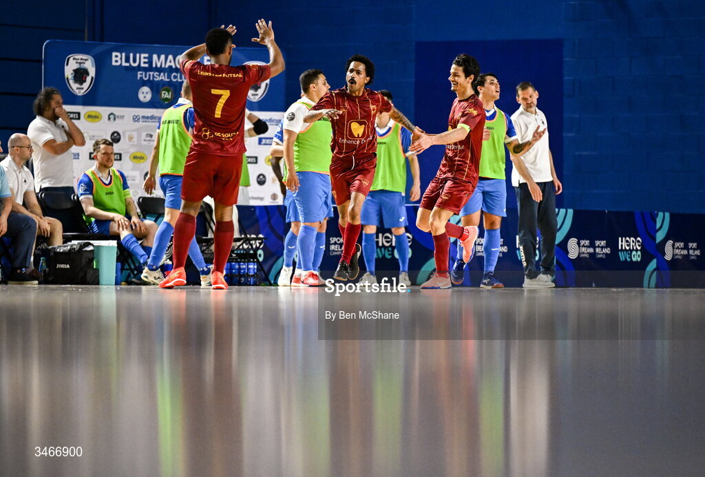 24 May 2026; Wemerson Moutinho Dos Santos of Leinster Futsal, centre, celebrates with teammates Patrick Eduardo de Souza Gomes, 7, and Oriel Thome after scoring their side's second goal during the FAI Futsal Cup final match between Leinster Futsal and Blue Magic at the National Indoor Arena in Abbotstown, Dublin. Photo by Ben McShane/Sportsfile