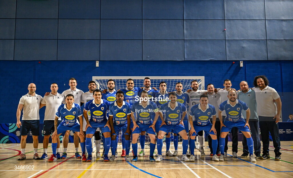24 May 2026; The Blue Magic team before the FAI Futsal Cup final match between Leinster Futsal and Blue Magic at the National Indoor Arena in Abbotstown, Dublin. Photo by Ben McShane/Sportsfile