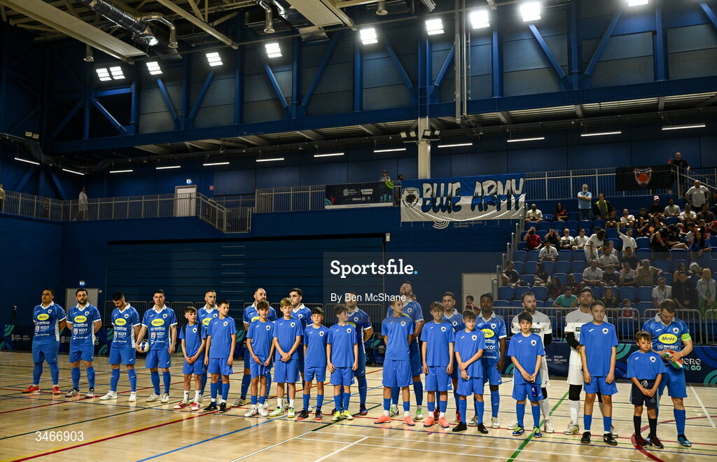 24 May 2026; Blue Magic players line-up before the FAI Futsal Cup final match between Leinster Futsal and Blue Magic at the National Indoor Arena in Abbotstown, Dublin. Photo by Ben McShane/Sportsfile