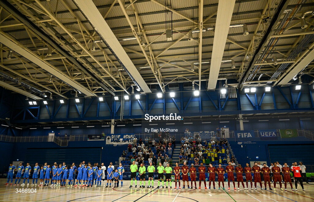 24 May 2026; Players of both side's and officials line-up before the FAI Futsal Cup final match between Leinster Futsal and Blue Magic at the National Indoor Arena in Abbotstown, Dublin. Photo by Ben McShane/Sportsfile